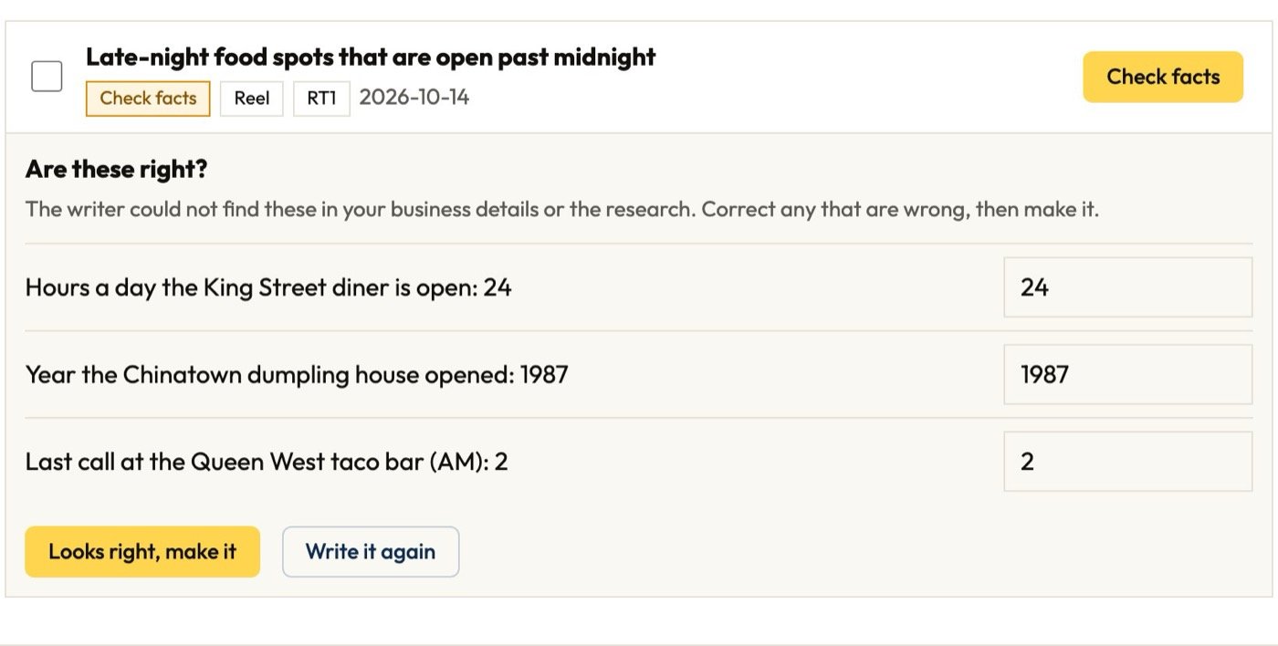 Check facts: Content Buddy lists the numbers it could not confirm and asks you to correct them before it makes the piece.