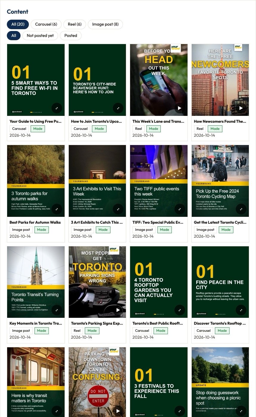 The Content library: a grid of finished carousels, reels and image posts with filters for posted and not posted.