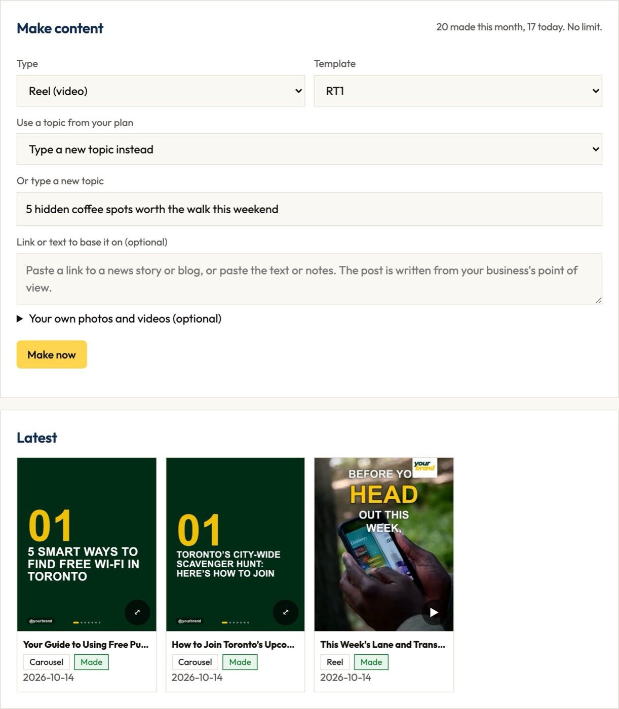 The Create page: choose what to make, type a topic, press Make now. Recent pieces appear below.