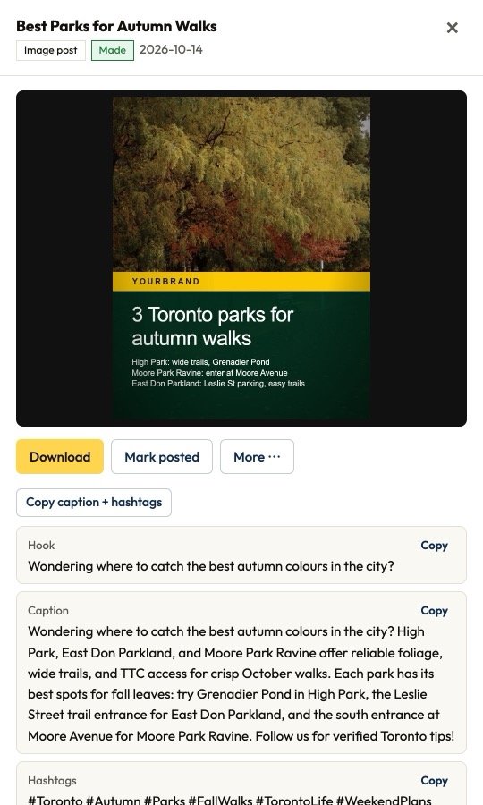 A finished image post with Download, Copy caption and hashtags, and the ready-written hook and caption.