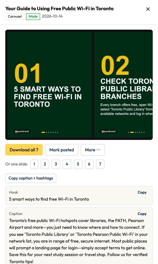 A finished carousel with Download all, single-slide downloads, and the ready-written hook and caption.