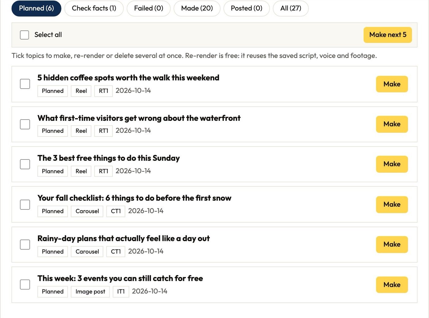 Your plan on the Topics page: a list of planned reels, carousels and image posts, each with a Make button.